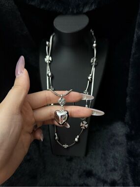 Double Layer Street Style Necklace Cross Motif Beads & Heart Pendant Long chain
